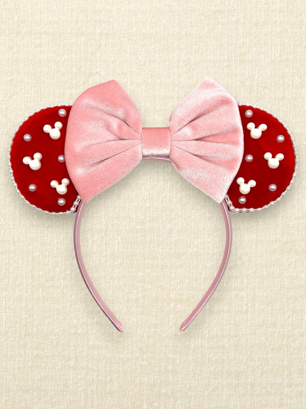 Red Velvet Pearl Minnie Ears – Pastel Pink Bow | Disney-Inspired Mouse Ears